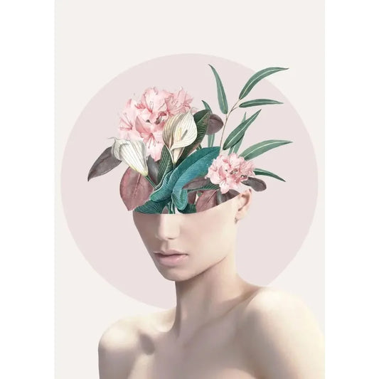Vintage Floral Woman Poster | Pink Blossom Tranquility | Elegant Flower Heads Artwork for Home Decor | Soft Portrait Art Print