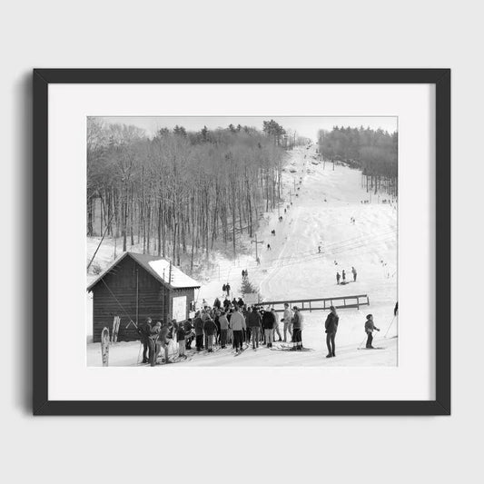 Poster | Busy Ski Slope with Active Skiers and Cozy Cabin | Classic Alpine Adventure Scene | Winter Sports Wall Art