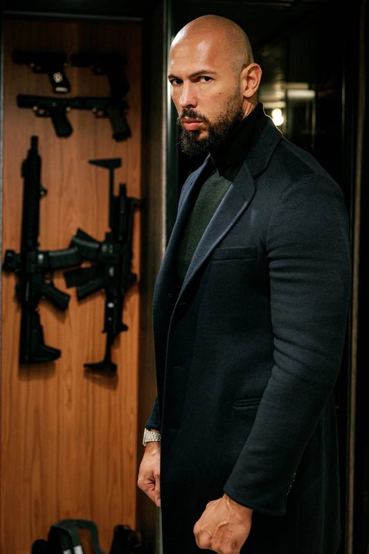 Andrew Tate Poster | Dramatic Portrait with Firearms | Modern Masculinity Display | Intense Artistic Depiction | Suit and Guns Theme