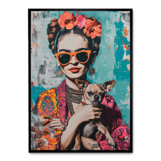 Frida Kahlo Style Poster | Chihuahua Portrait Art | Colorful Wall Decor | Artistic Print for Home & Garden | Unique Dog Themed Artwork