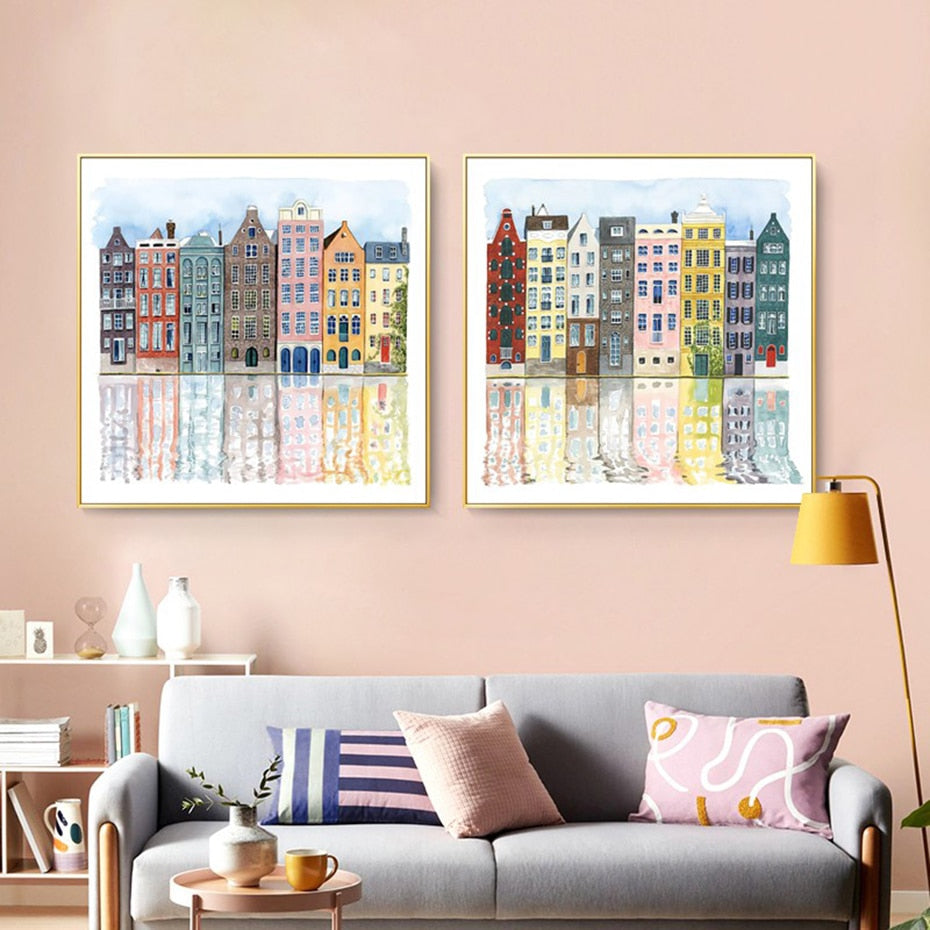 Amsterdam Canal Scene | Watercolor Art | Poster Wall Decor | Cityscape Artwork | Home Decor | Urban Landscape | Art Print