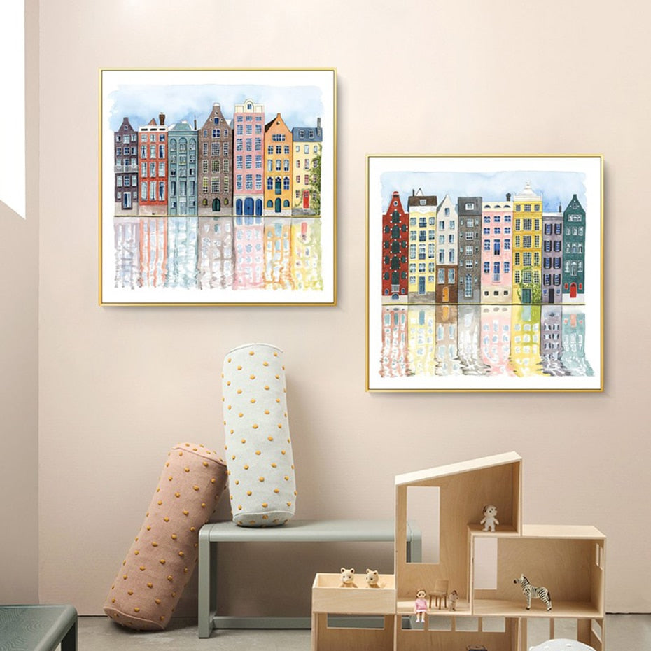 Amsterdam Canal Scene | Watercolor Art | Poster Wall Decor | Cityscape Artwork | Home Decor | Urban Landscape | Art Print