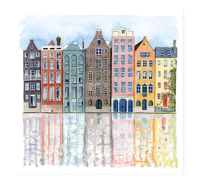 Amsterdam Canal Scene | Watercolor Art | Poster Wall Decor | Cityscape Artwork | Home Decor | Urban Landscape | Art Print