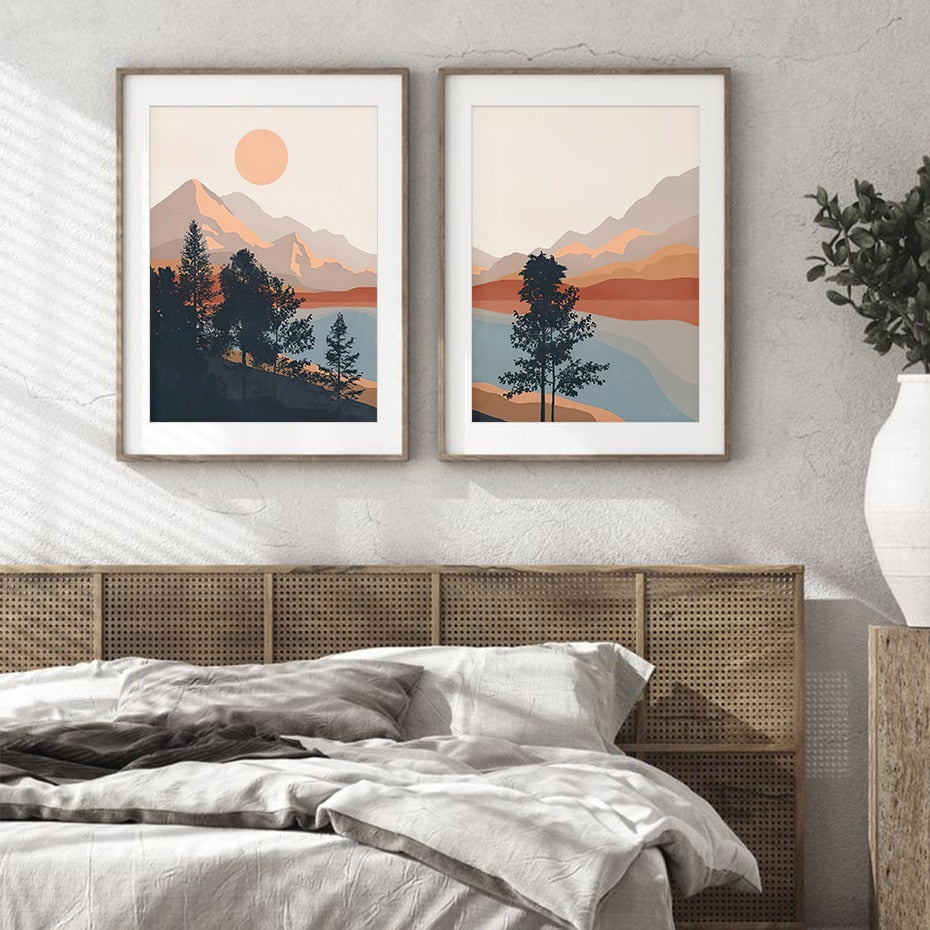 Illustrated Mountainscape Art Set | Landscape Poster Duo | Nature Wall Decor | Artistic Print Collection | Home & Garden Decor