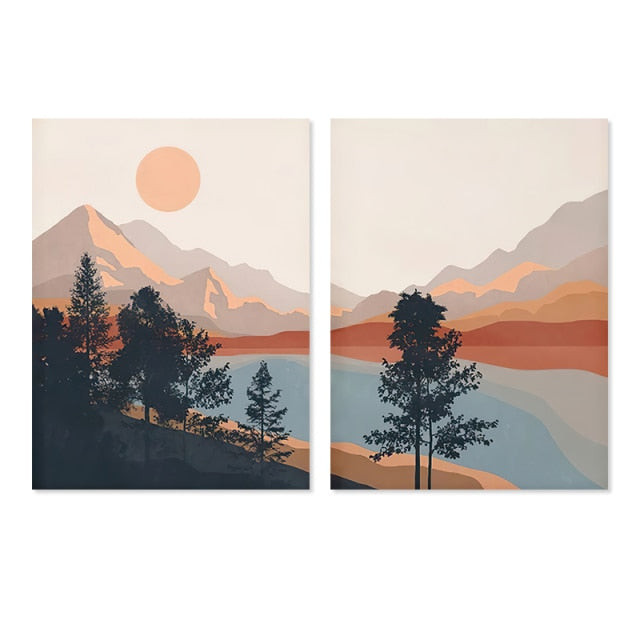 Illustrated Mountainscape Art Set | Landscape Poster Duo | Nature Wall Decor | Artistic Print Collection | Home & Garden Decor