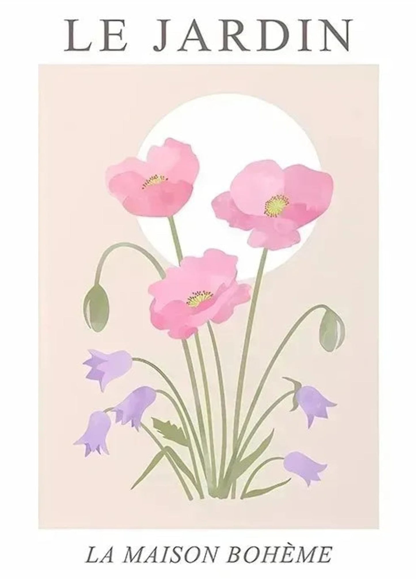 Les Fleurs Poster | Pink Poppies & Purple Bellflowers | Floral Art Décor for Home & Garden