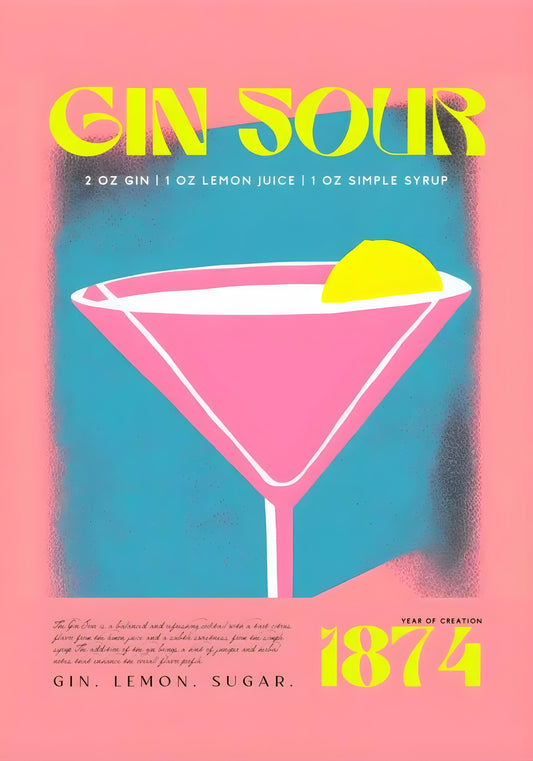 Vintage Gin Sour 1874 Poster | Cocktail Party Wall Art | Home Decor | Retro Bar Print | Vintage Drink Illustration | Artwork for Kitchen or Bar