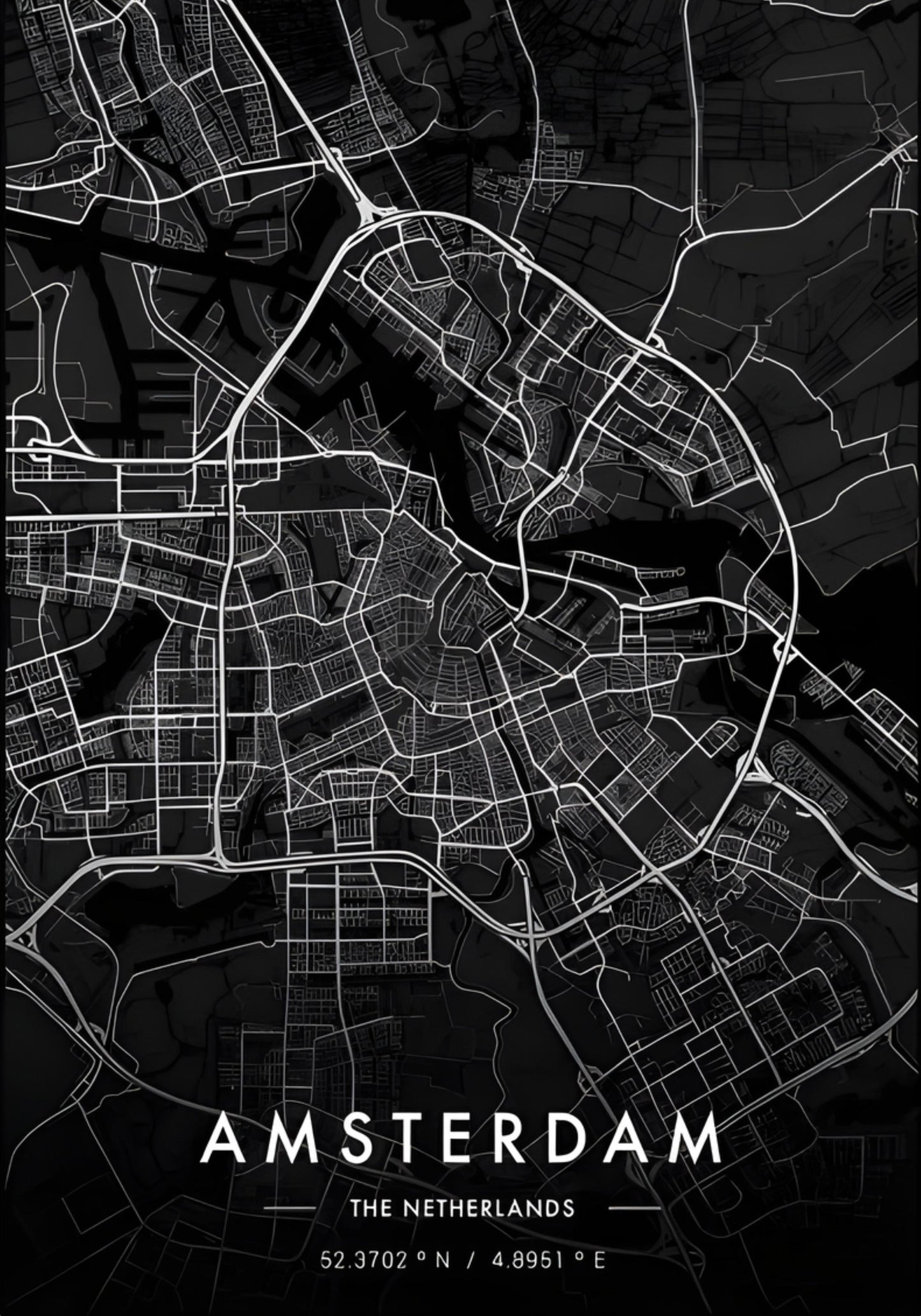 Amsterdam City Map | Black & White Modern Decor