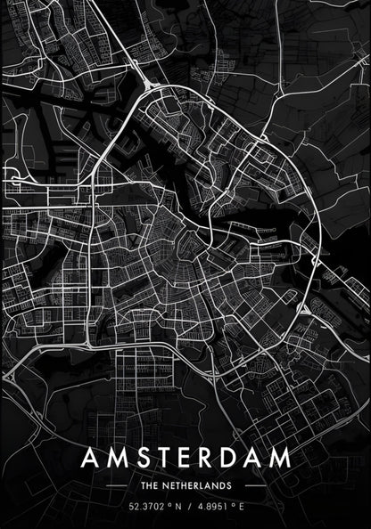 Amsterdam City Map | Black & White Modern Decor
