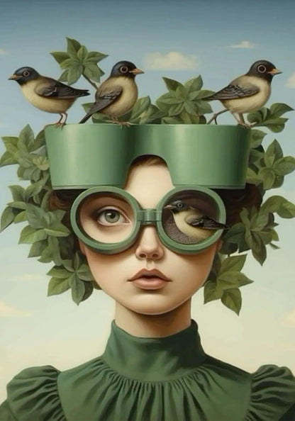 Floral Girl Poster | Botanical Hat & Birds | Greenhouse Gaze | Symbol of Growth & Serenity | Nature Coexistence