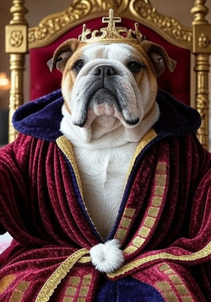 Noble Bulldog King Poster | Regal English Bulldog in Royal Robes and Crown | Luxurious Wall Art for Palace-Themed Rooms