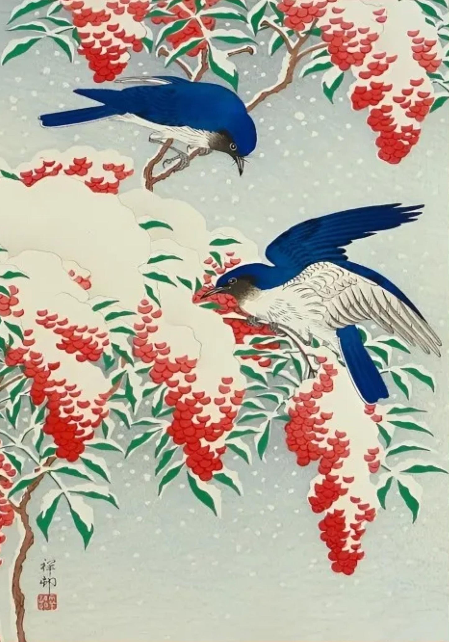 Hokusai Ohara | Flycatchers on Nandina | Nature Artwork