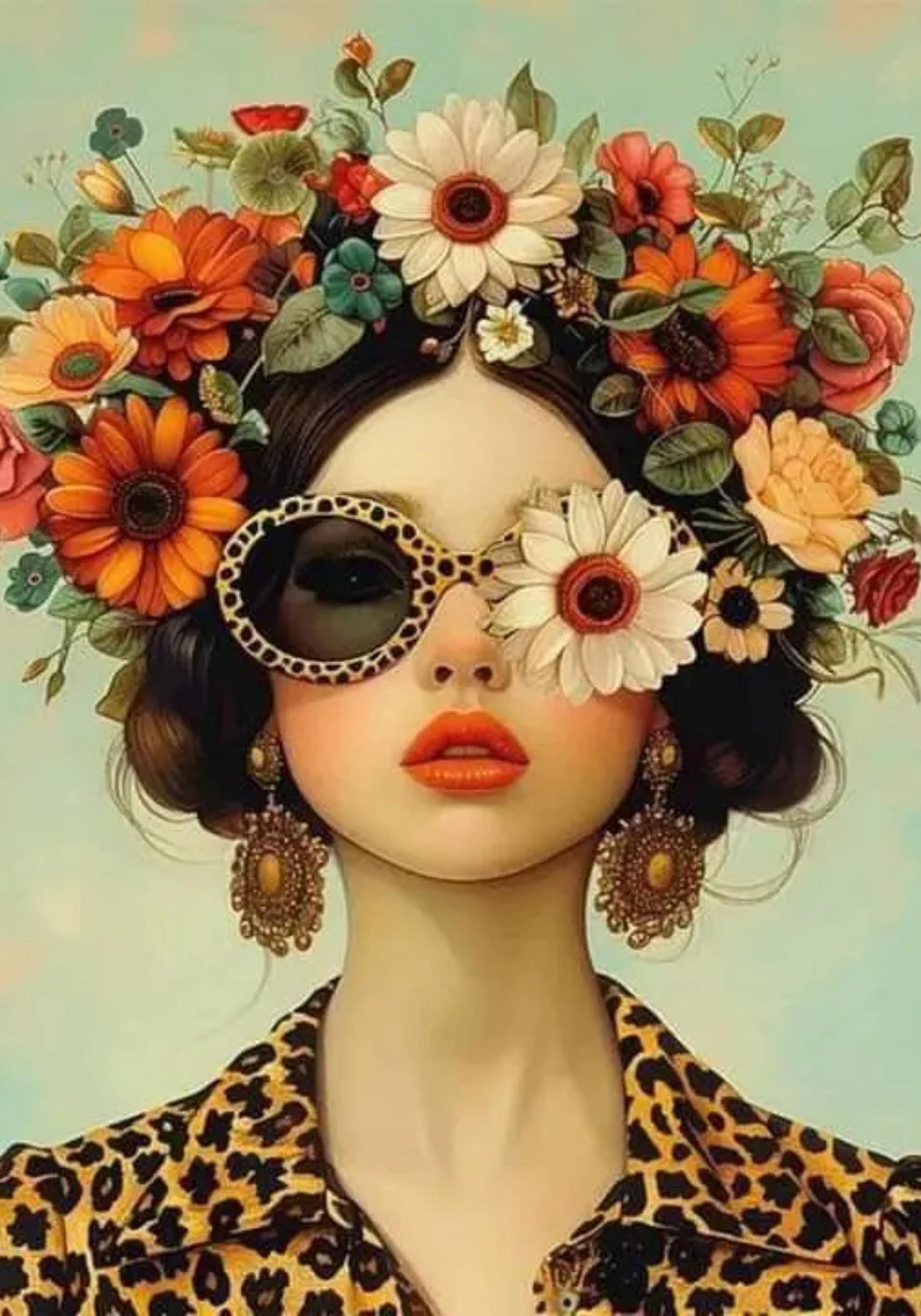 Floral Girl Poster | Chic Sunglasses & Blooming Crown Art | Vibrant Blossom Spectacle Wall Decor