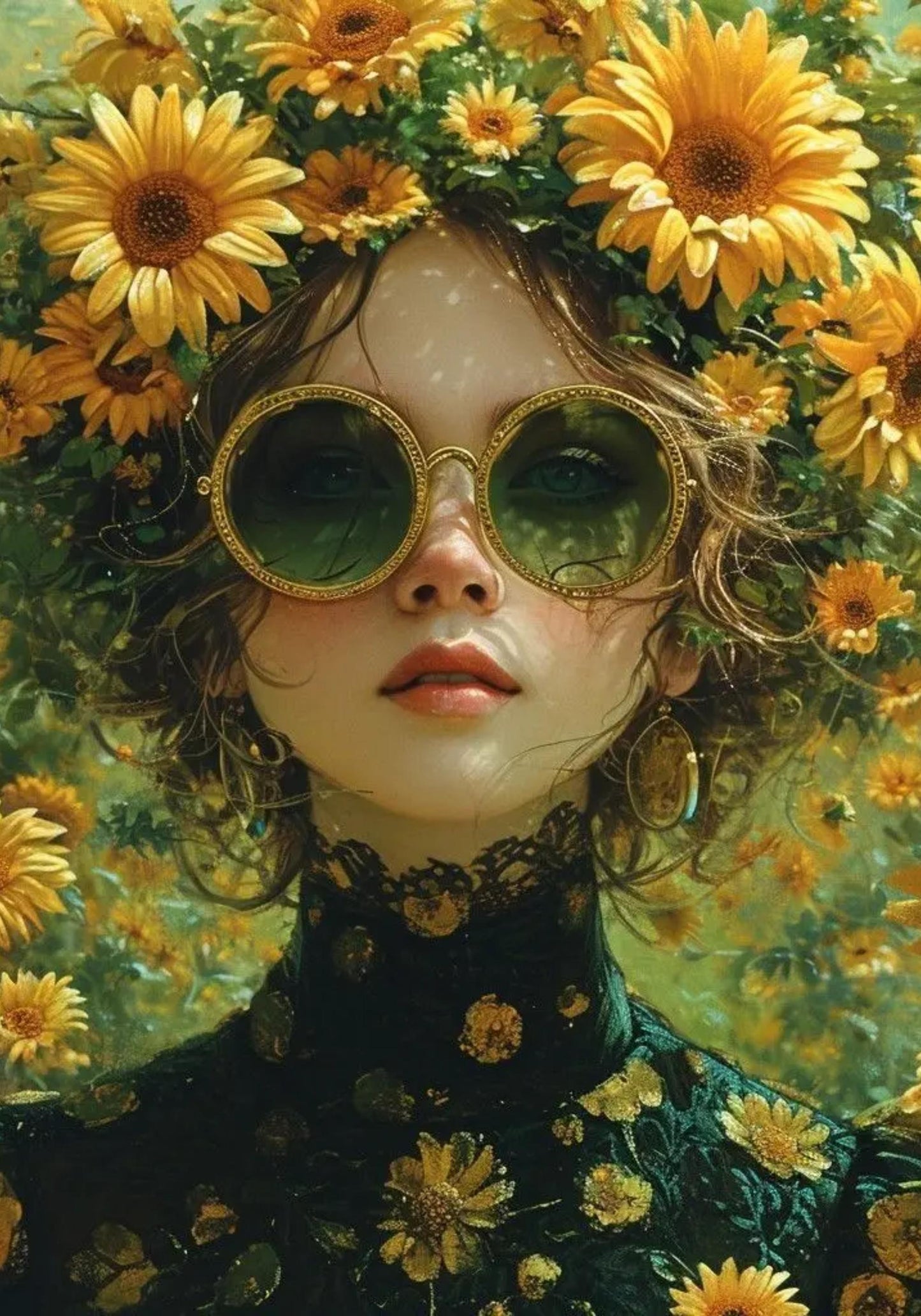 Floral Girl Poster | Eternal Sunflower Portrait | Vibrant Golden Summer Eyes | Lush Sunflower Enveloped Artwork | Home Wall Decor