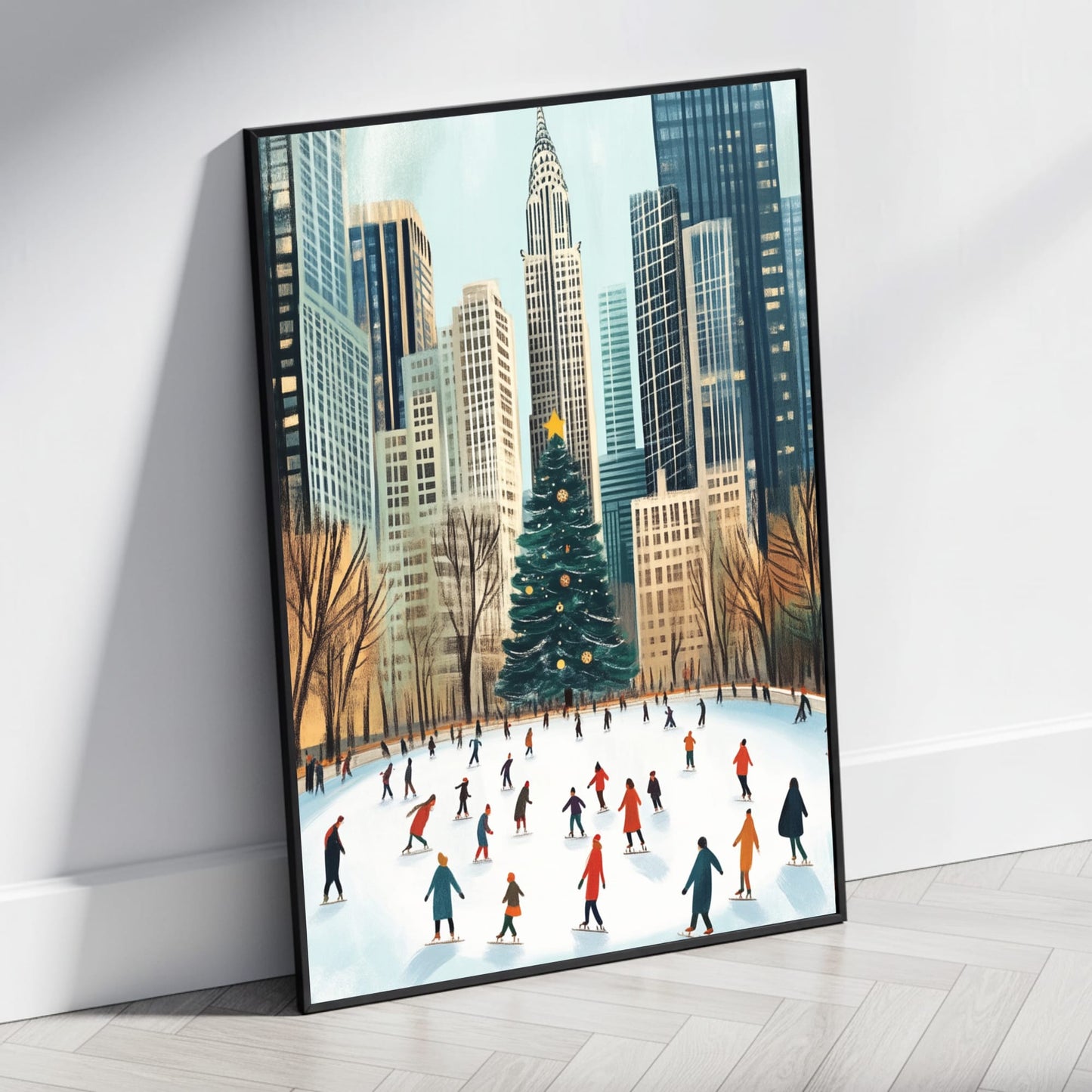 Winter Wonderland Cityscape | Ice Skating Scene | Vibrant Holiday Decor | Christmas Tree | Urban Outdoor Rink Print | Festive Poster