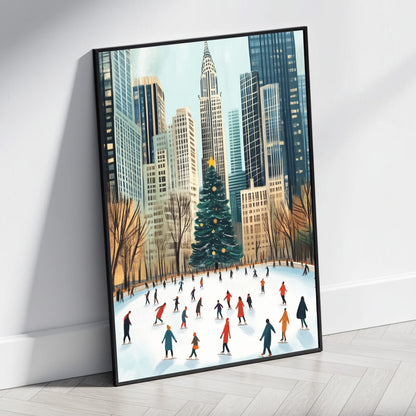 Winter Wonderland Cityscape | Ice Skating Scene | Vibrant Holiday Decor | Christmas Tree | Urban Outdoor Rink Print | Festive Poster