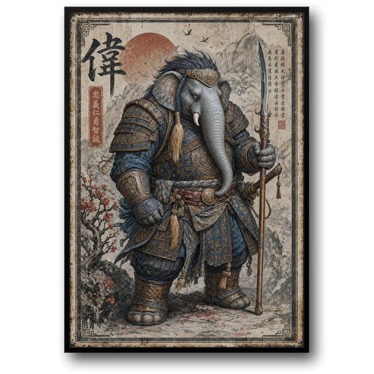 Elephant Warrior Art | Fantasy Samurai Décor | Vintage Style Print | Wall Art Poster | Heroic Animal Warrior Design | Fantasy Decor Poster
