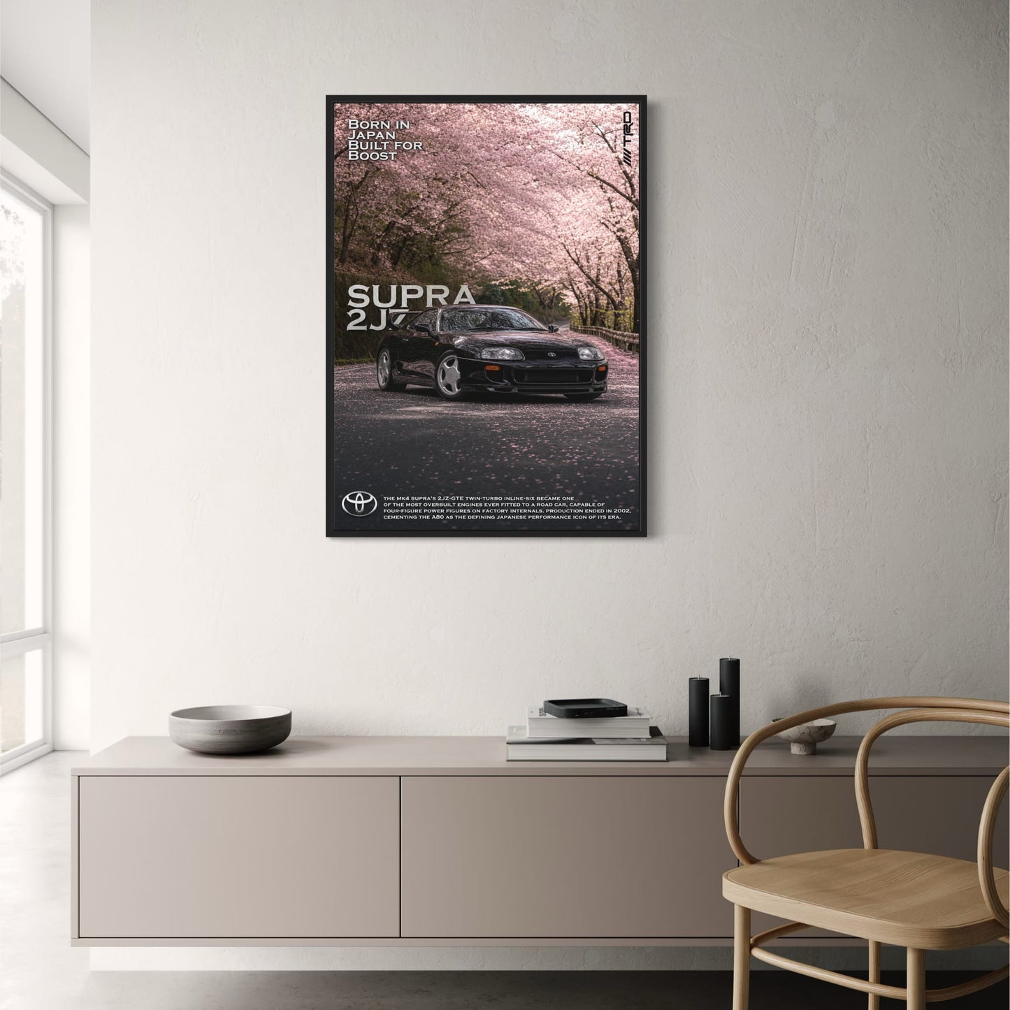 Toyota Supra MK4 2JZ | Japanese Iconic Car Art | Cherry Blossom Scene | Turbocharged Engine Legend | Performance Car Poster Print