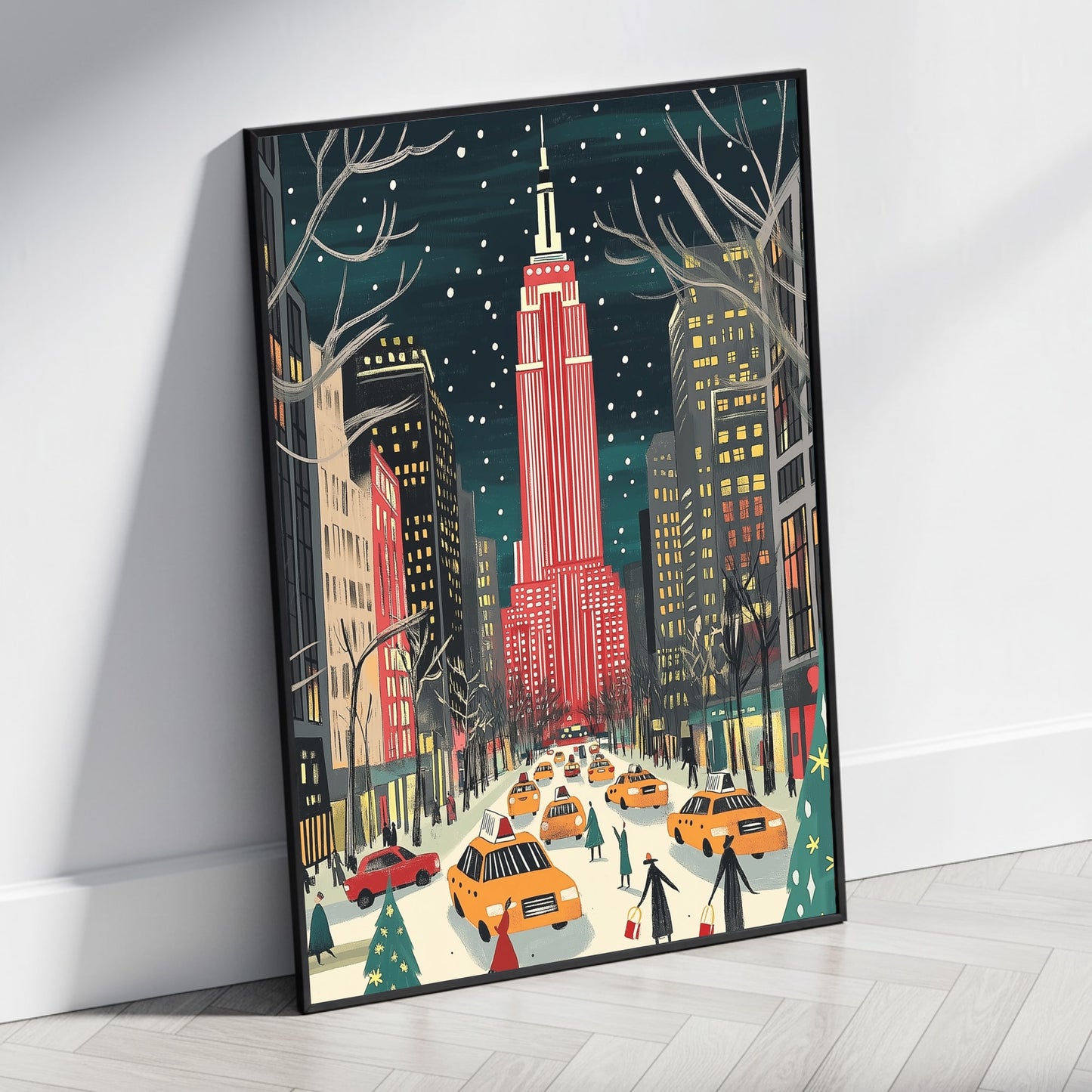 Empire State Building | Colorful Winter Cityscape | Festive Red & White | Snowflakes | Holiday Spirit | Vibrant Street Scene | Urban Winter Charm | Yellow Taxis | Holiday Shoppers | Snow-Covered Avenue | Print Poster