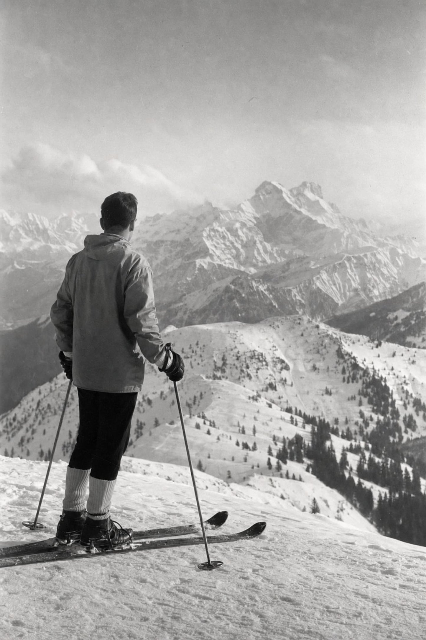 Vintage Skiing Adventure | Scenic Mountain Landscape Art | Black and White Winter Sports Poster Print
