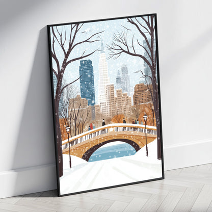 Scenic Winter Cityscape | Urban Skyline Poster with Snowfall | Elegant Snow-Covered Trees | Skyscrapers and Lamp Posts | People in Winter Attire | Home & Office Decoration | Festive Seasonal Print