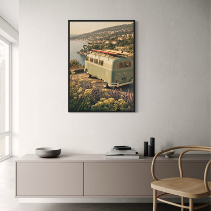 Vintage Camper Van by Seaside | Scenic Landscape | Retro Travel Art Print | Coastal View | Adventure Poster