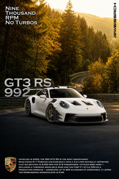 Porsche GT3 RS 992 | High Performance Car Art | Nine Thousand RPM | Automotive Poster | Wall Print Decor | Sports Car Enthusiast Gift
