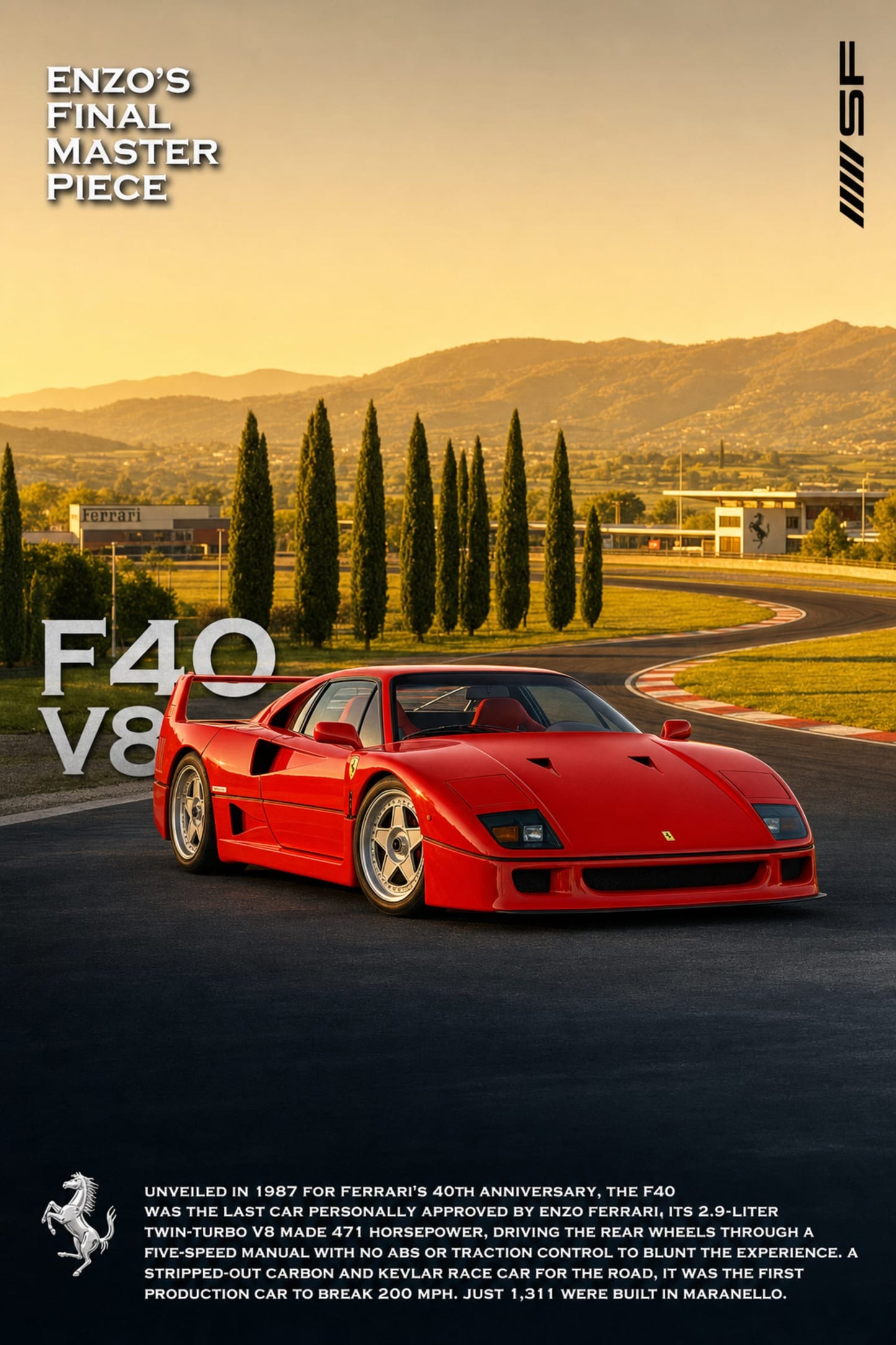 Enzo Ferrari F40 V8 | Iconic Sports Car | High Performance Classic | Automotive Art Print | Vintage Racing Poster