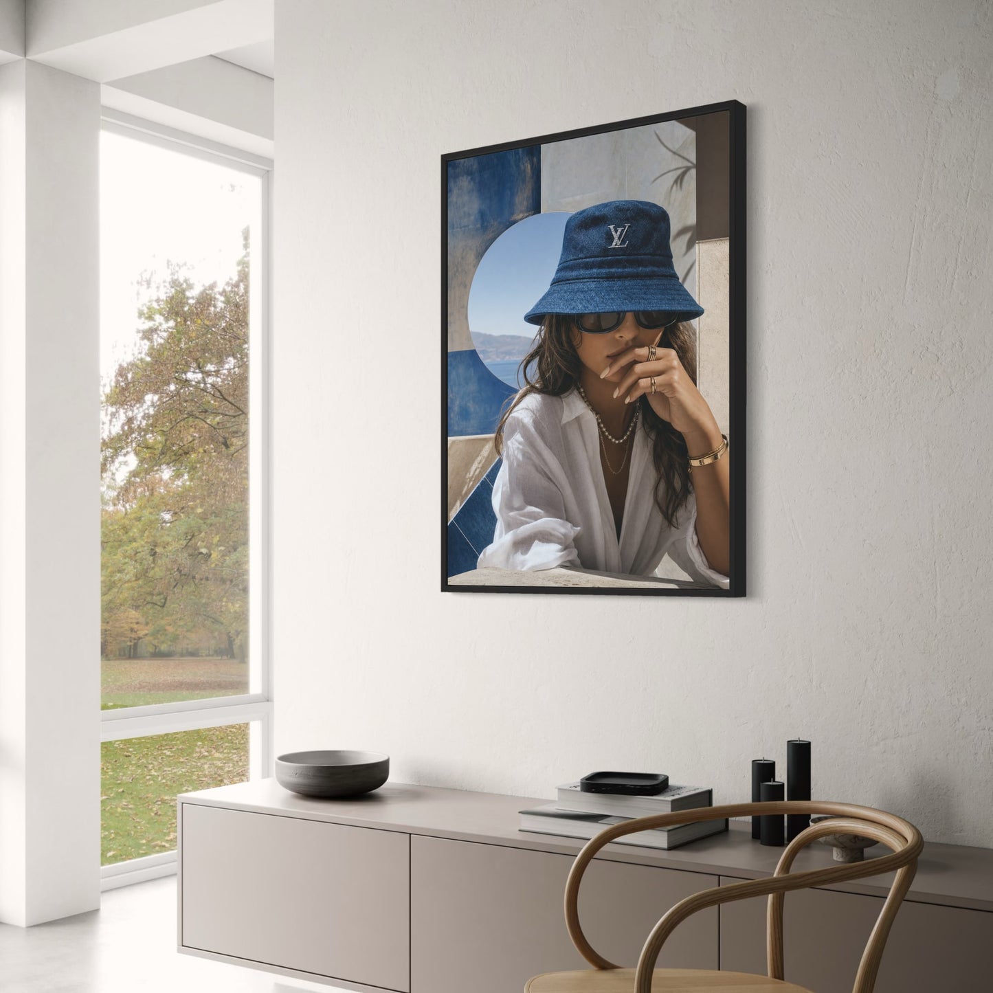 Stylish Fashion Woman in Blue Hat and Sunglasses | Elegant Art Decor | Chic Wall Poster | Luxury Style Print