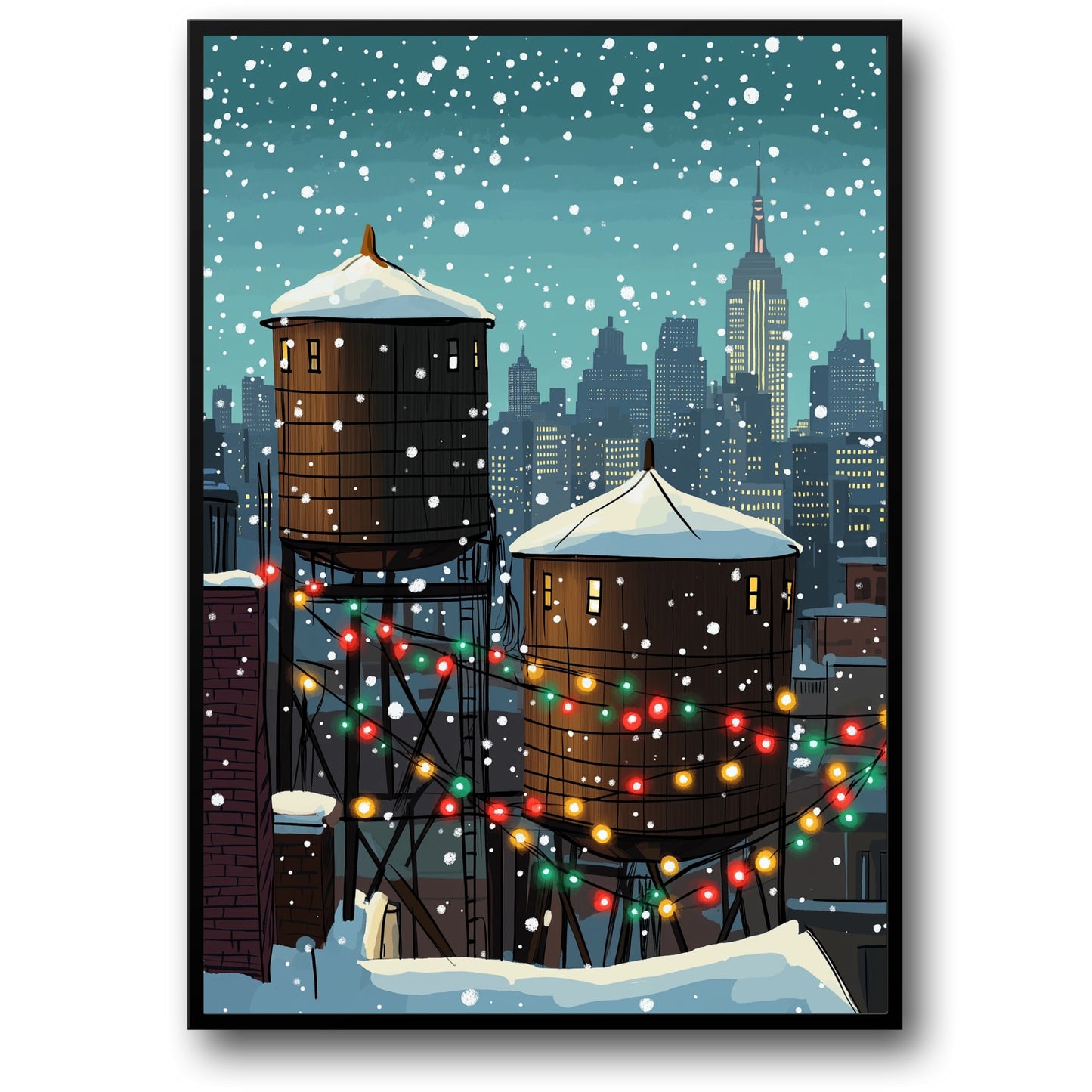 Festive Winter Cityscape | Snow-Covered Rooftops | Colorful Holiday Lights | Urban Setting | Snowy Night Poster | Skyline Print