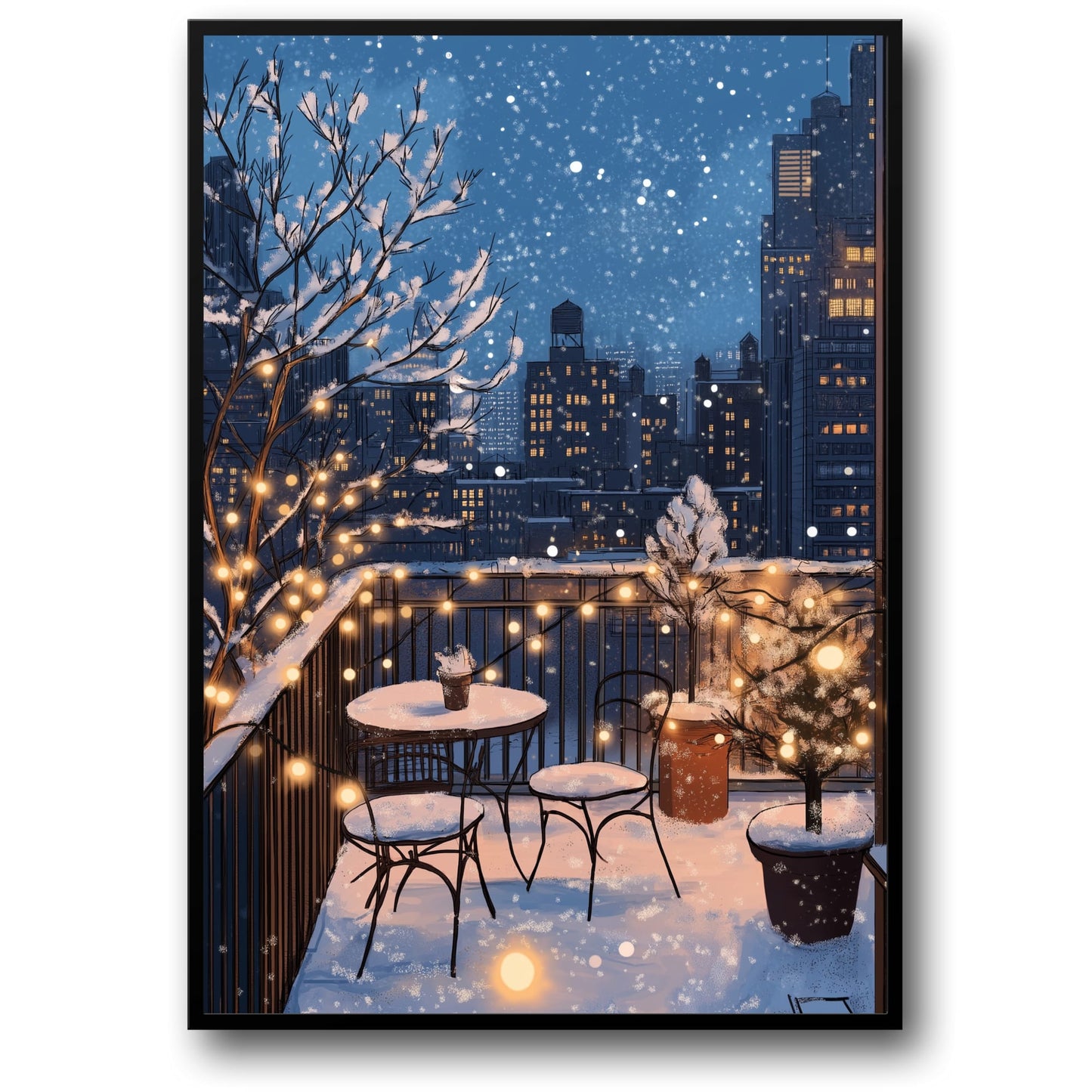 Charming Evening Winter Balcony Scene | Snowy Urban Decor Poster | Cozy Fairy Lights & Snowy Furniture | Cityscape Wall Art Print | Twinkling Snowflakes & Holiday Ambiance | Serene Winter Wonderland