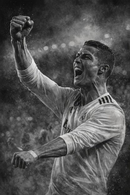 Football Action Art | Energetic Soccer Celebration Image | Black & White Sports Poster | High-Quality Print | Home Decor & Inspiration
