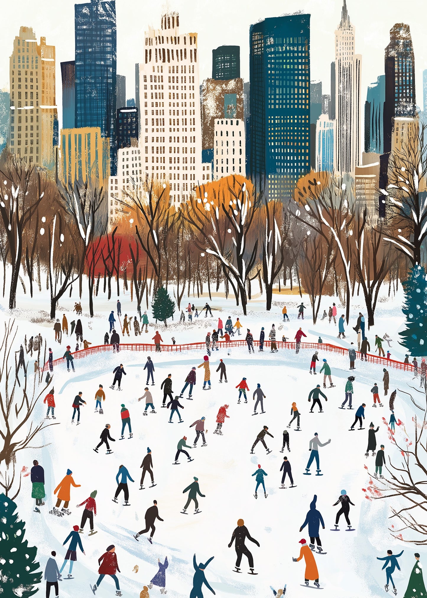Festive Winter Wonderland | Vibrant Cityscape Background | Crowd of Skaters | Urban Snow-Filled Holiday Experience | Poster | Print