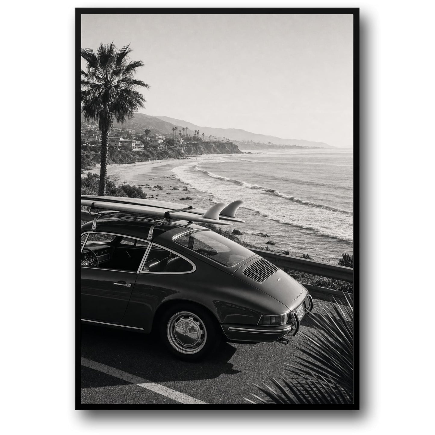 Vintage Beach Drive | Classic Car with Surfboard by Ocean | Palm Trees Scenic View Art Print Poster