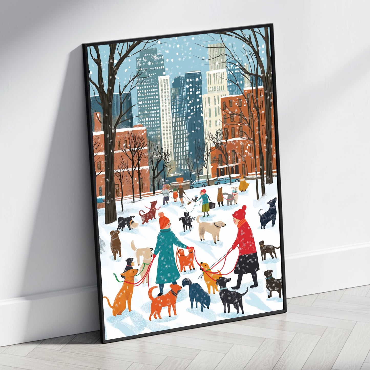 Charming Urban Winter Scene | Vibrant Dogs & Snowy Park | Skyline & Falling Snowflakes | Red Brick Buildings | Seasonal Poster Print