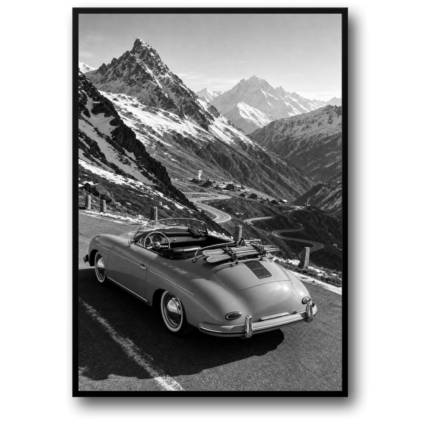 Vintage Convertible in Alpine Mountains | Black and White Scenic Poster | Classic Car Wall Art Print
