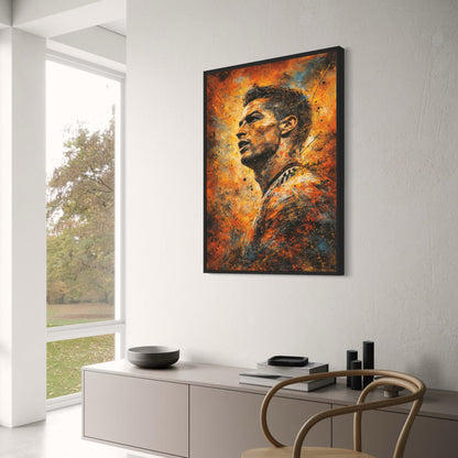 Athlete Art | Intense Sports-Themed Poster | Fiery Orange, Gold, Blue | Paint Splatter Style | High-Quality Print for Home Decor | Modern Urban Artistic Representation | Perfect for Sports Enthusiasts