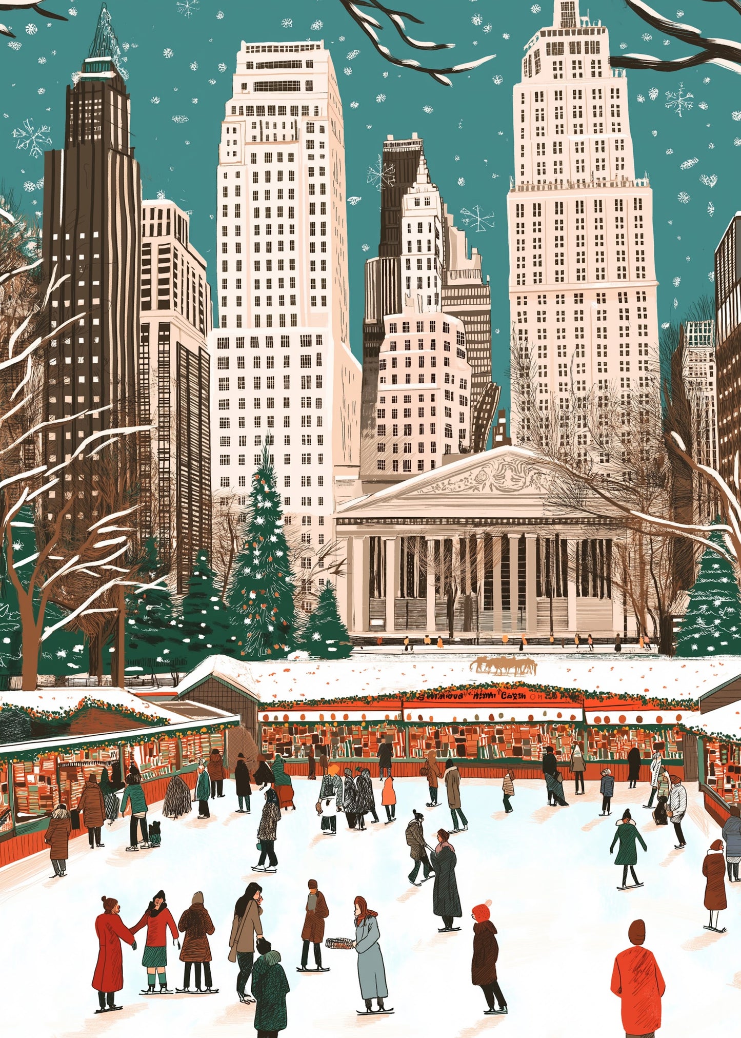 Festive Winter Wonderland | Holiday Skaters & Market | Vibrant Christmas Trees | Snowy Urban Scene | New York City | Poster Print