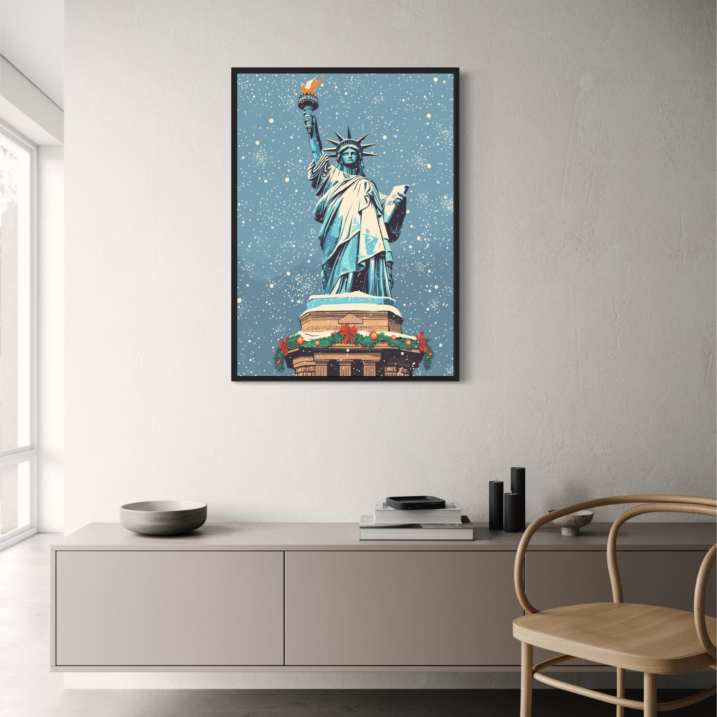 Festive Winter Scene | Statue of Liberty | Christmas Decor | Snowflakes and Garland | New York Style Seasonal Art Print | Holiday Poster | Iconic Monument | Cultural Significance | Stylish Wall Art Decor