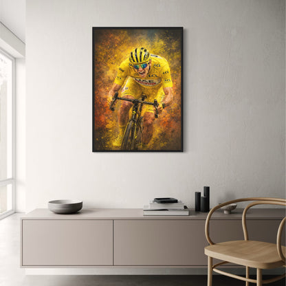 Cycling Athlete Art | Intense Sports Poster | Vibrant Yellow Kit | Adrenaline Race Poster | Splattered Paint Effect | Bike Enthusiast Wall Art | Team Branding Print | Sporty Decor | Home Gym Poster