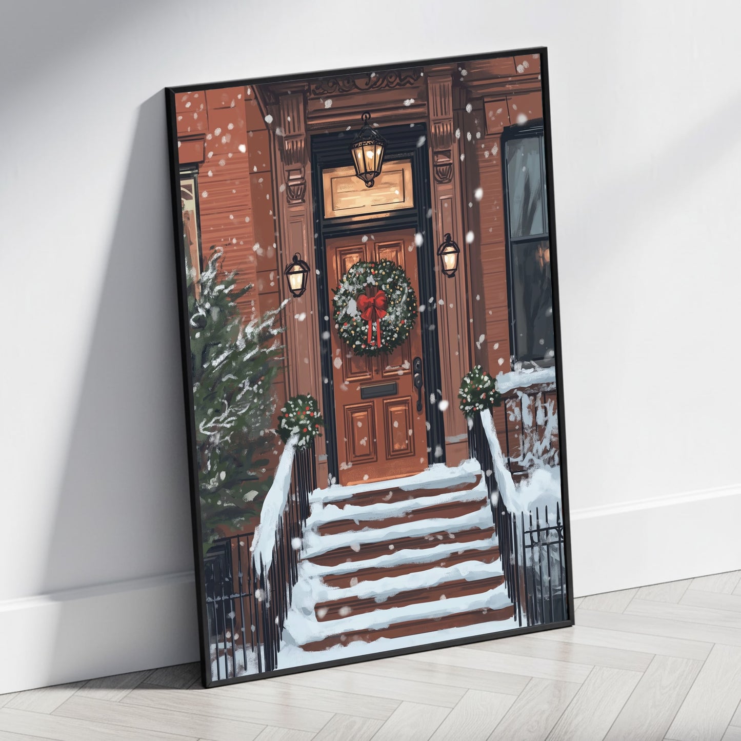 Charming Festive Snowy Brownstone Porch | Holiday Wreath & Lanterns | Cozy Winter Scene Wall Art | Decorative Seasonal Print Poster