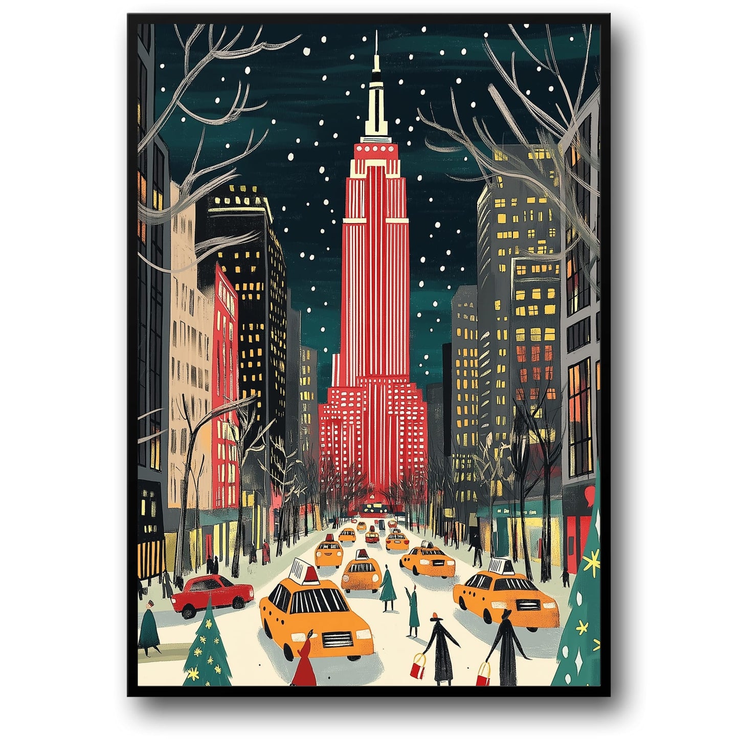 Empire State Building | Colorful Winter Cityscape | Festive Red & White | Snowflakes | Holiday Spirit | Vibrant Street Scene | Urban Winter Charm | Yellow Taxis | Holiday Shoppers | Snow-Covered Avenue | Print Poster