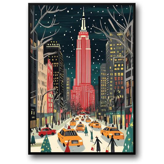 Empire State Building | Colorful Winter Cityscape | Festive Red & White | Snowflakes | Holiday Spirit | Vibrant Street Scene | Urban Winter Charm | Yellow Taxis | Holiday Shoppers | Snow-Covered Avenue | Print Poster
