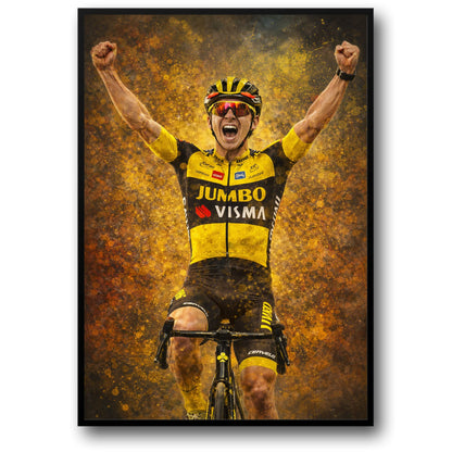 Triumphant Cyclist | Vibrant Jumbo Visma Team Gear | Intense Energy Burst | Sports Victory | Cycling Enthusiast | Cervélo Bike | Home Decor Poster Print