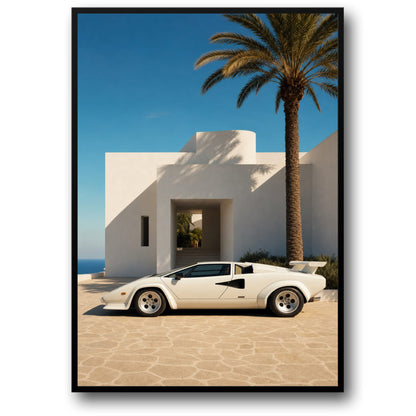 White Luxury Sports Car by Modern Villa | Classic Style Home Decor Print | Exclusive Wall Art Poster