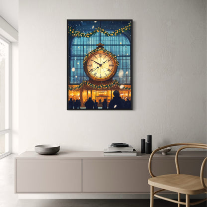 Grand Entrance Poster | Festive Snowfall Scene | Illuminated Clock | Blue Window Backdrop | Greenery & Yellow Ornaments | Seasonal Ambiance | Wall Art Print for Home Decor or Holiday Gifts