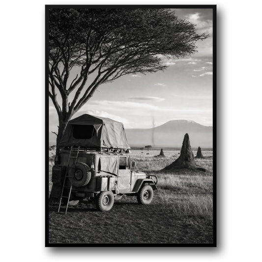 Adventure Safari Jeep | Serengeti Landscape Art Print | Black and White Poster | Nature and Travel Wall Decor | High Quality Print