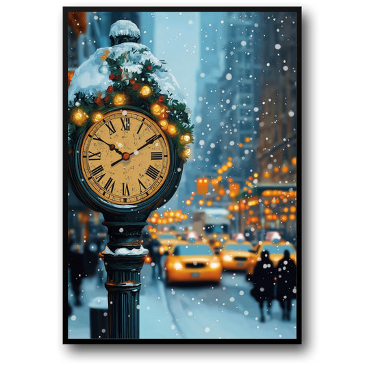 Charming Vintage Winter Wonderland | Street Clock Poster | Elegant Roman Numerals & Festive Holiday Lights | Snowy Cityscape | Captivating Scene | Home and Office Decor | Nostalgic Christmas Print