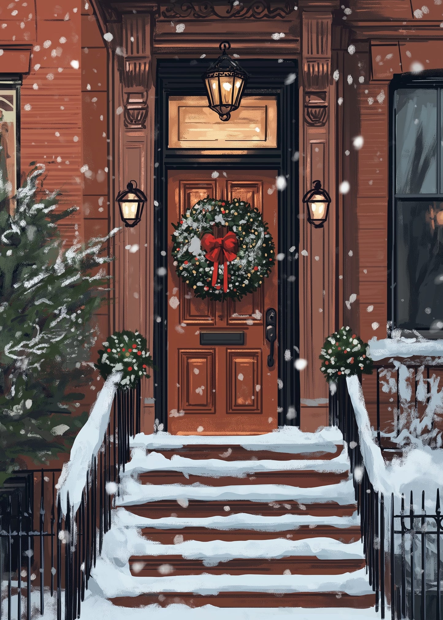 Charming Festive Snowy Brownstone Porch | Holiday Wreath & Lanterns | Cozy Winter Scene Wall Art | Decorative Seasonal Print Poster