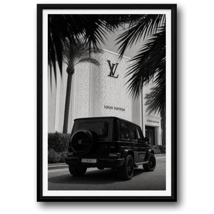 Mercedes G-Class G63 at Luxury Storefront | Black and White Art Print | Wall Decor Poster | Modern Home Interior Design